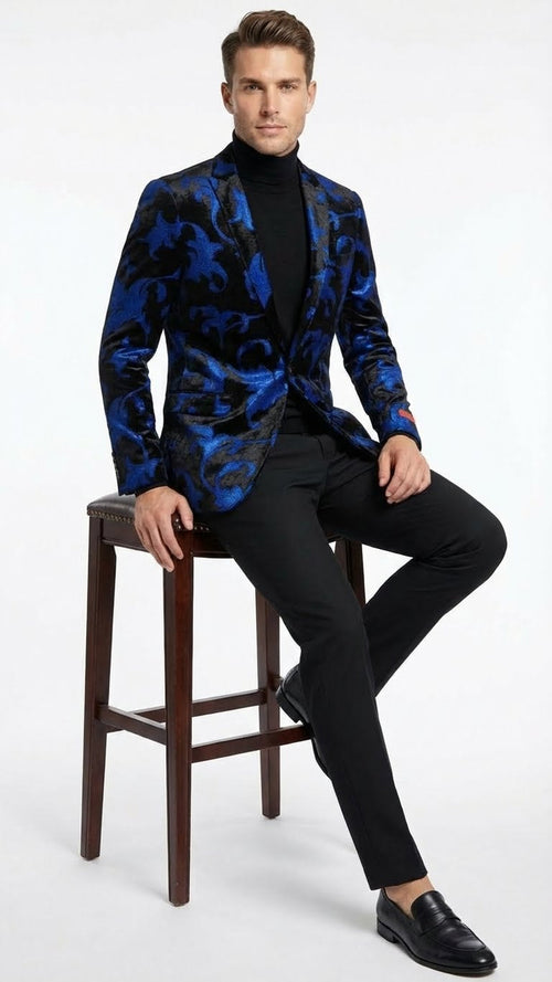 Men's patterned blazer by Alberto Nardoni features black fabric with royal blue floral patterns. The blazer is structured with a single-button front and notched lapels.