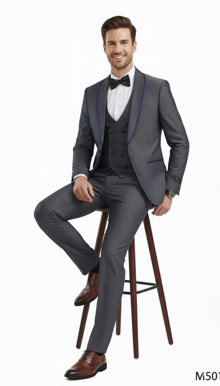 Charcoal gray slim-fit three-piece suit with blue lapel trim. Includes double-breasted vest and tailored pants. Textured fabric and modern silhouette for a harmonious look.
