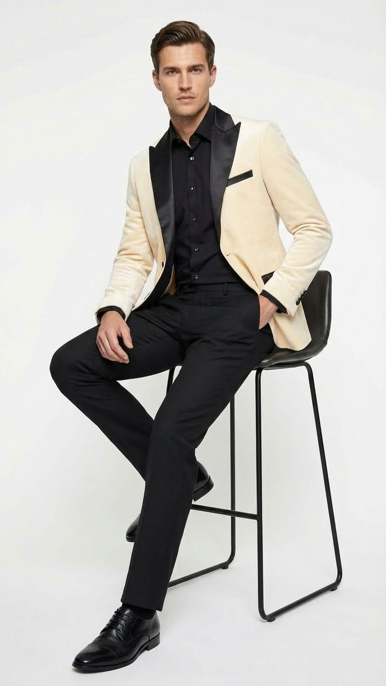 Ivory velvet men's dinner jacket. Creamy texture, black satin lapel, single-button closure, fitted silhouette, structured shoulders. Includes contrasting black satin pocket square.
