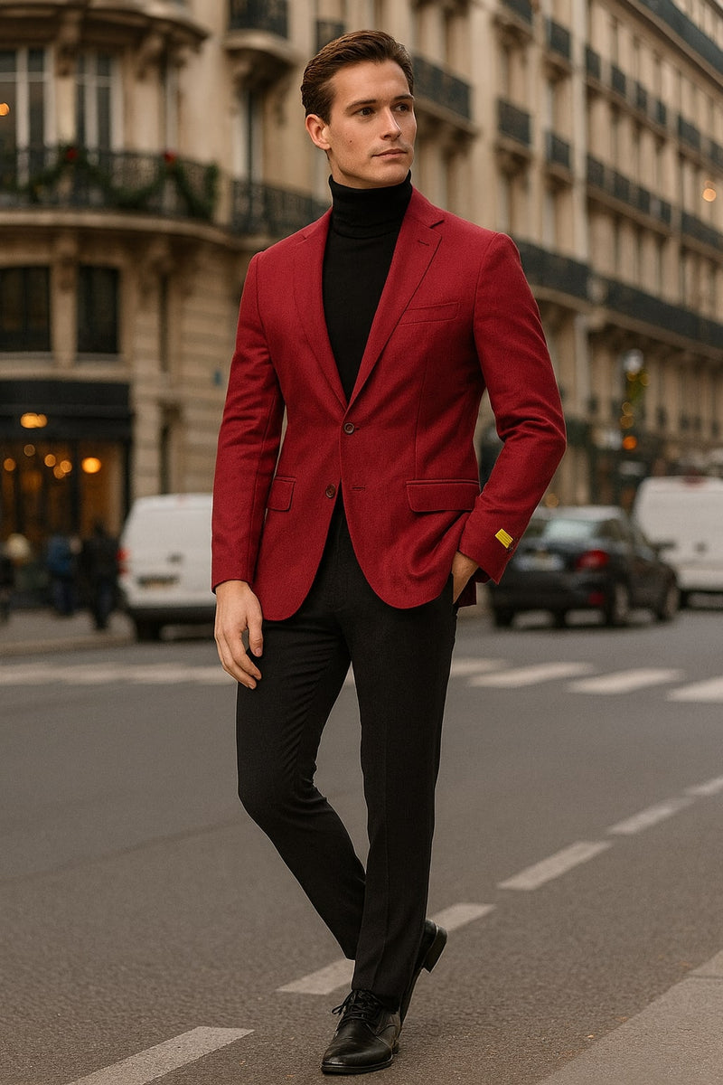 Men's burgundy sport coat: tailored fit, two-button, notched lapel, flap pockets, single vent. Textured fabric enhances the rich red wine color.
