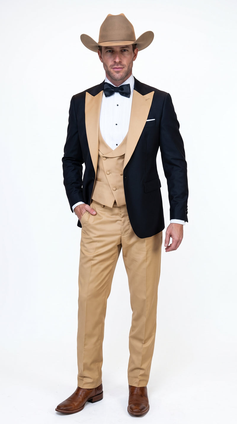 Men's Western Khaki Cowboy Tuxedo Suit – Black & Tan Beige  Peak Lapel 3-Piece Vested Formal Cowboy Suit