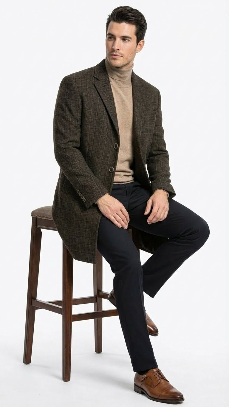 Alberto Nardoni men's brown checkered wool overcoat. Single-breasted, tailored fit with notched lapels, buttoned cuffs, and structured shoulders. Mid-length with a brown check pattern for a defined silhouette.
