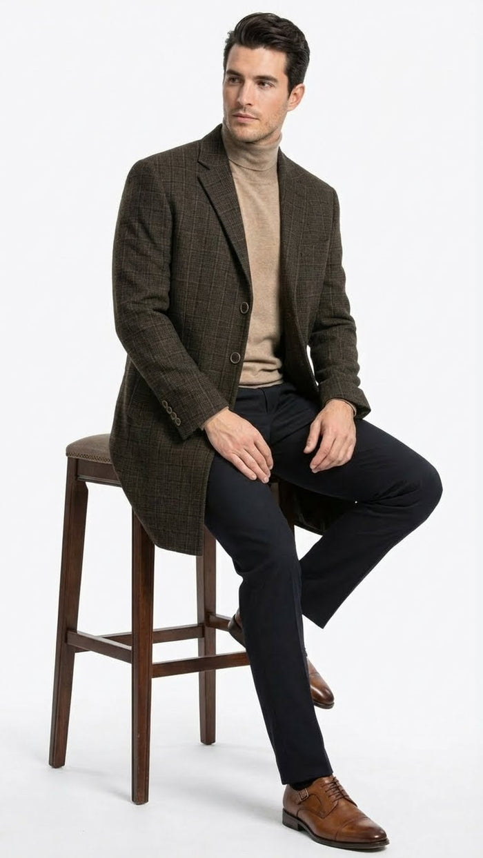 Alberto Nardoni men's brown checkered wool overcoat. Single-breasted, tailored fit with notched lapels, buttoned cuffs, and structured shoulders. Mid-length with a brown check pattern for a defined silhouette.
