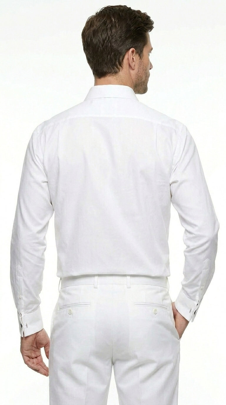 Men’s White Groomsmen Dress Shirt with Spread Collar, Long Sleeve Wedding Formal Shirt