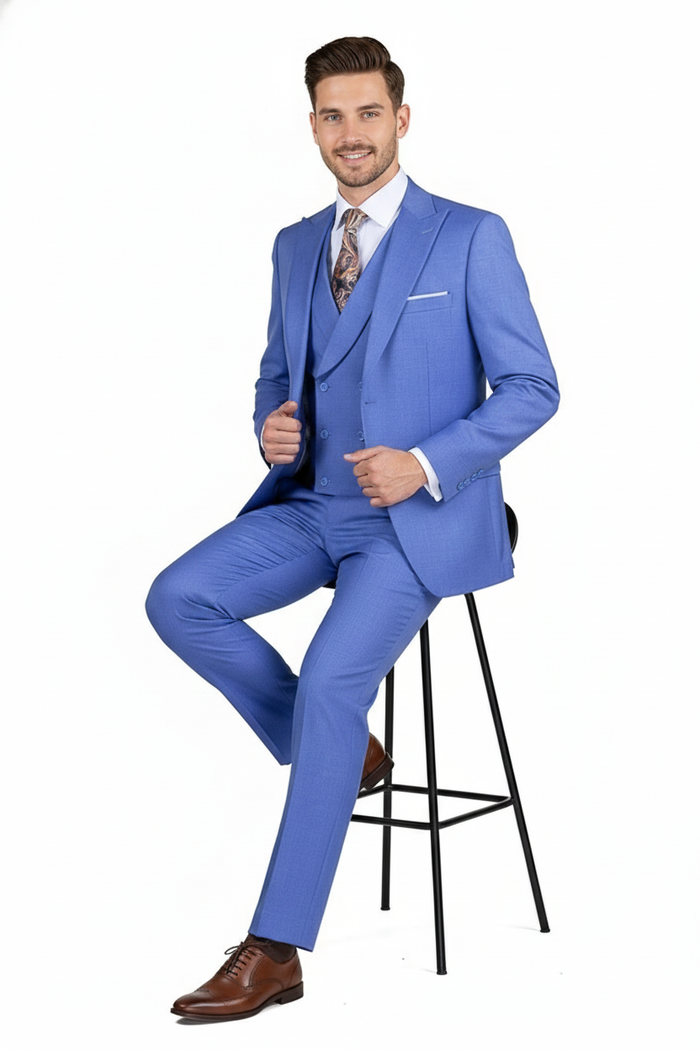 Men's light blue three-piece suit. Double-breasted jacket, matching vest, and slim-fit trousers. Smooth, subtly textured fabric. Clean, modern design with a single breast pocket. Solid light blue color.
