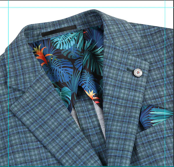 Green-blue check slim fit blazer with textured outer fabric. Half canvas construction. Tropical print lining.
