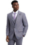 Light grey Stacy Adams men's suit with a windowpane plaid pattern. Features a one-button closure, wide peak lapels, and a matching vest. Tailored with notched lapels and two front pockets.

