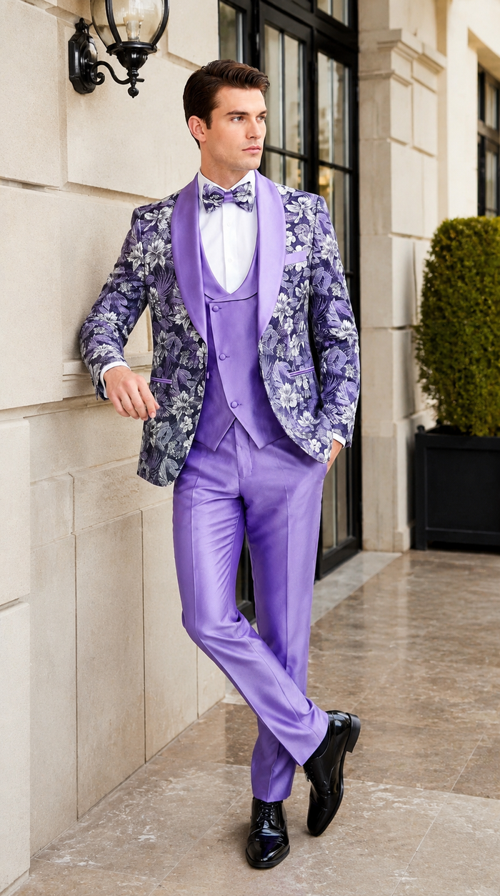 Men’s Lilac Lavender Prom Suit – Floral Shawl Lapel 3 Piece Tuxedo with Matching Vest and Pants