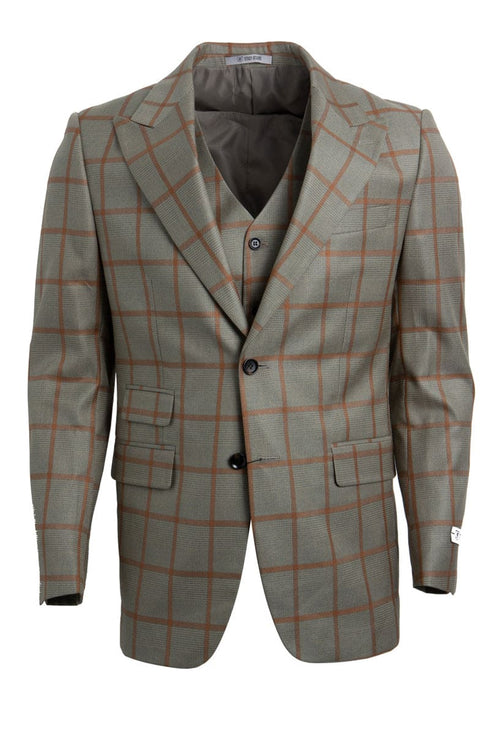 Mens Stacy Adams Suit - Stacy Adams Suit Men's Vested Suit - Tan & Gold Windowpane Plaid, One Button Peak Lapel