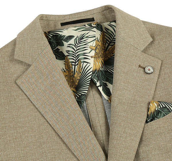 Khaki slim-fit blazer with textured weave. Tropical leaf lining in green/gold. Single-button closure. Includes a matching pocket square.

