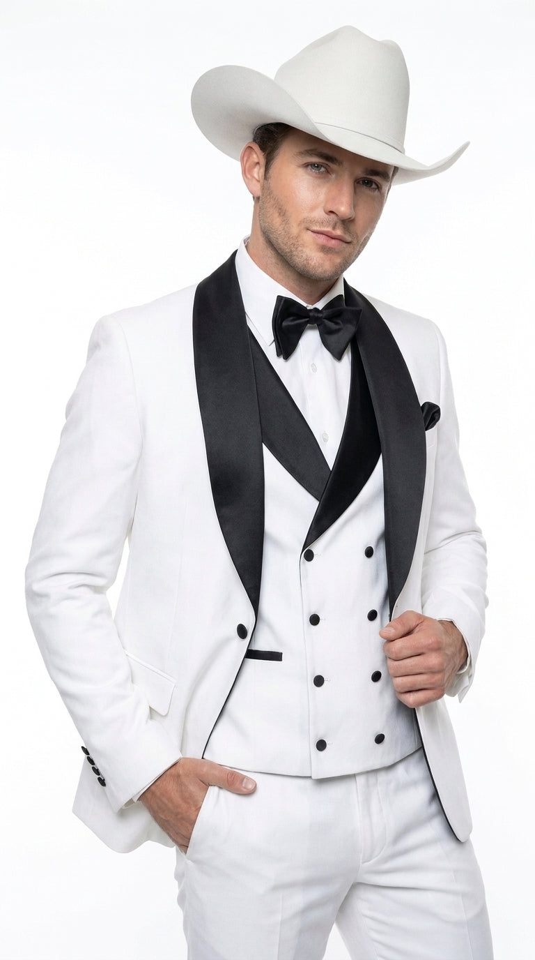 Men’s White and Black Western Wedding Tuxedo – Cowboy Style 3-Piece Traje para Boda with Double-Breasted Vest