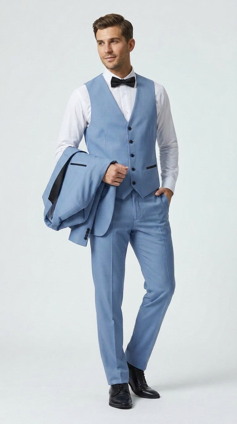Men’s Powder Blue 3 Piece Tuxedo Suit – Light Blue Shawl Lapel Wedding Prom Suit with Vest