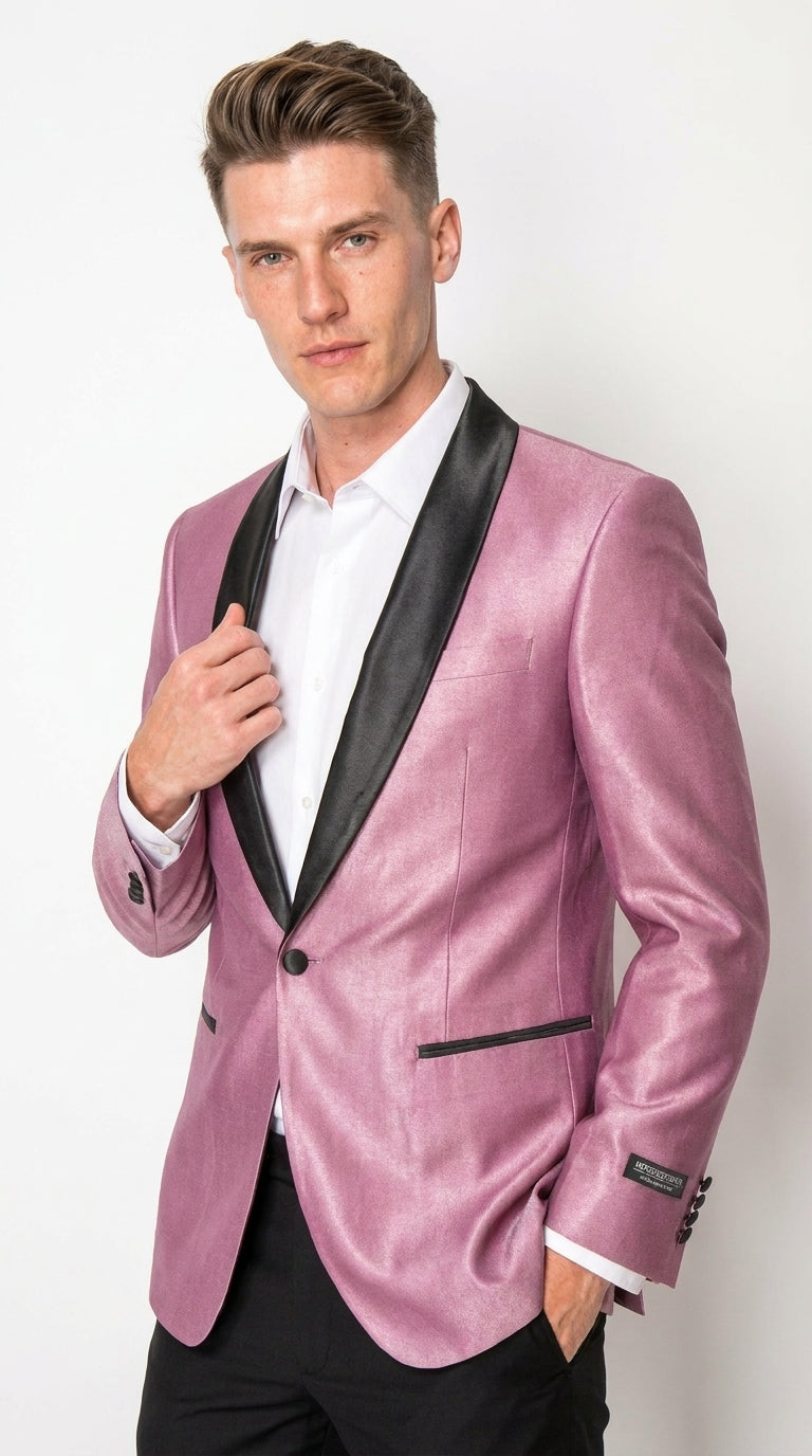 Men’s Shiny Pink Tuxedo Dinner Jacket with Black Pants – Shawl Lapel Formal Tuxedo