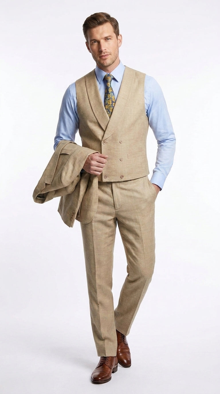 Men’s Great Gatsby Tan Summer Sharkskin 3 Piece – Double Breasted Vest Classic 1920s Groosmen Suit