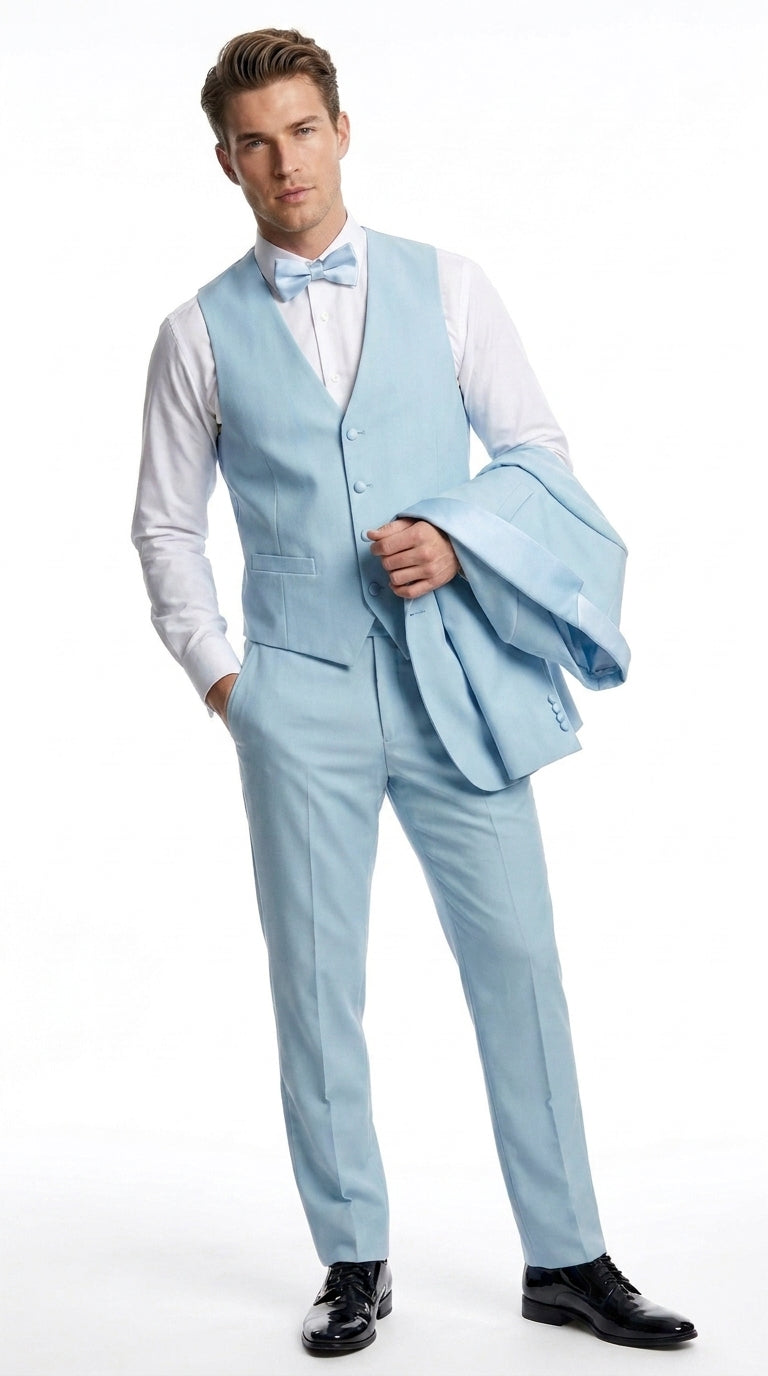 Men’s Powder Blue 3-Piece Tuxedo – Light Blue Wedding & Prom Suit with Vest in Light Blue Sky Color