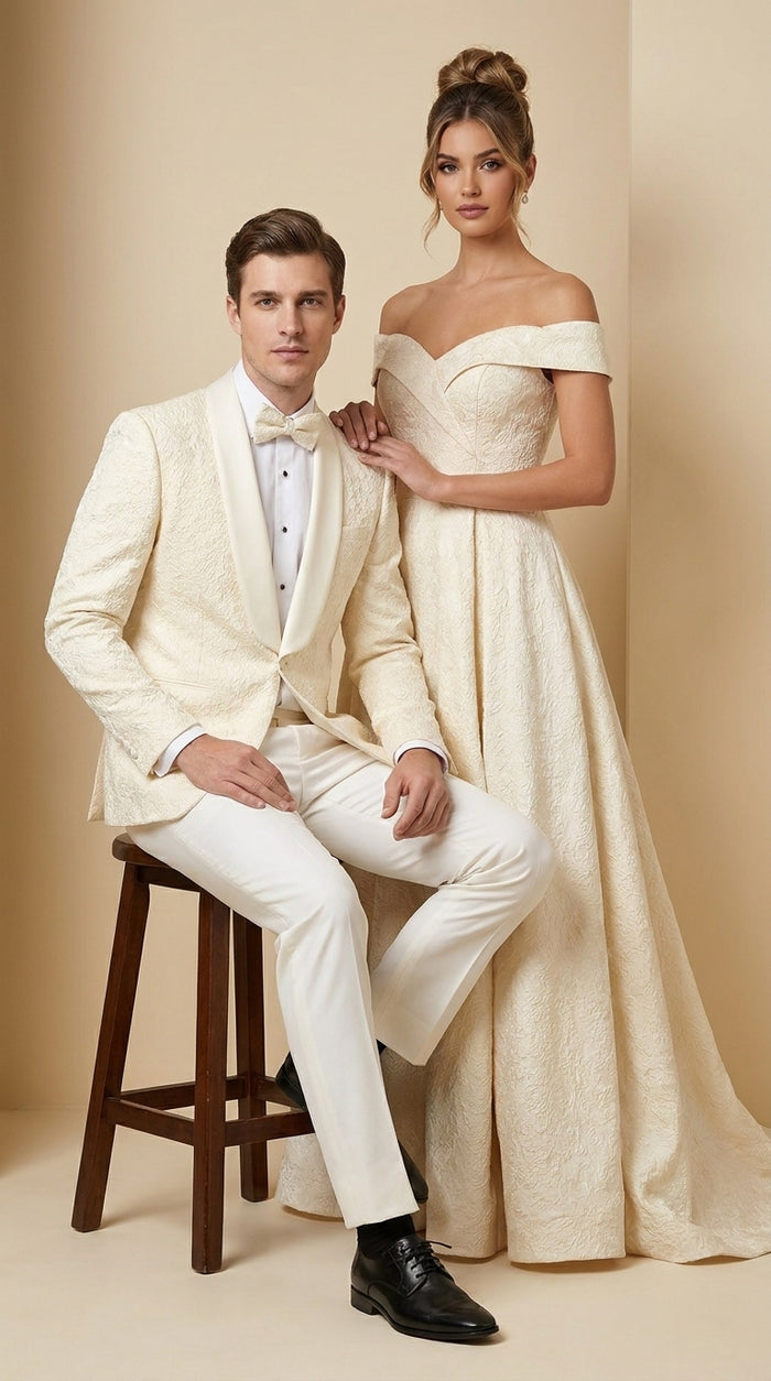 Men’s Ivory Off White Jacquard Dinner Jacket – Cream Tuxedo Blazer for Weddings & Formal Events + Bowtie included