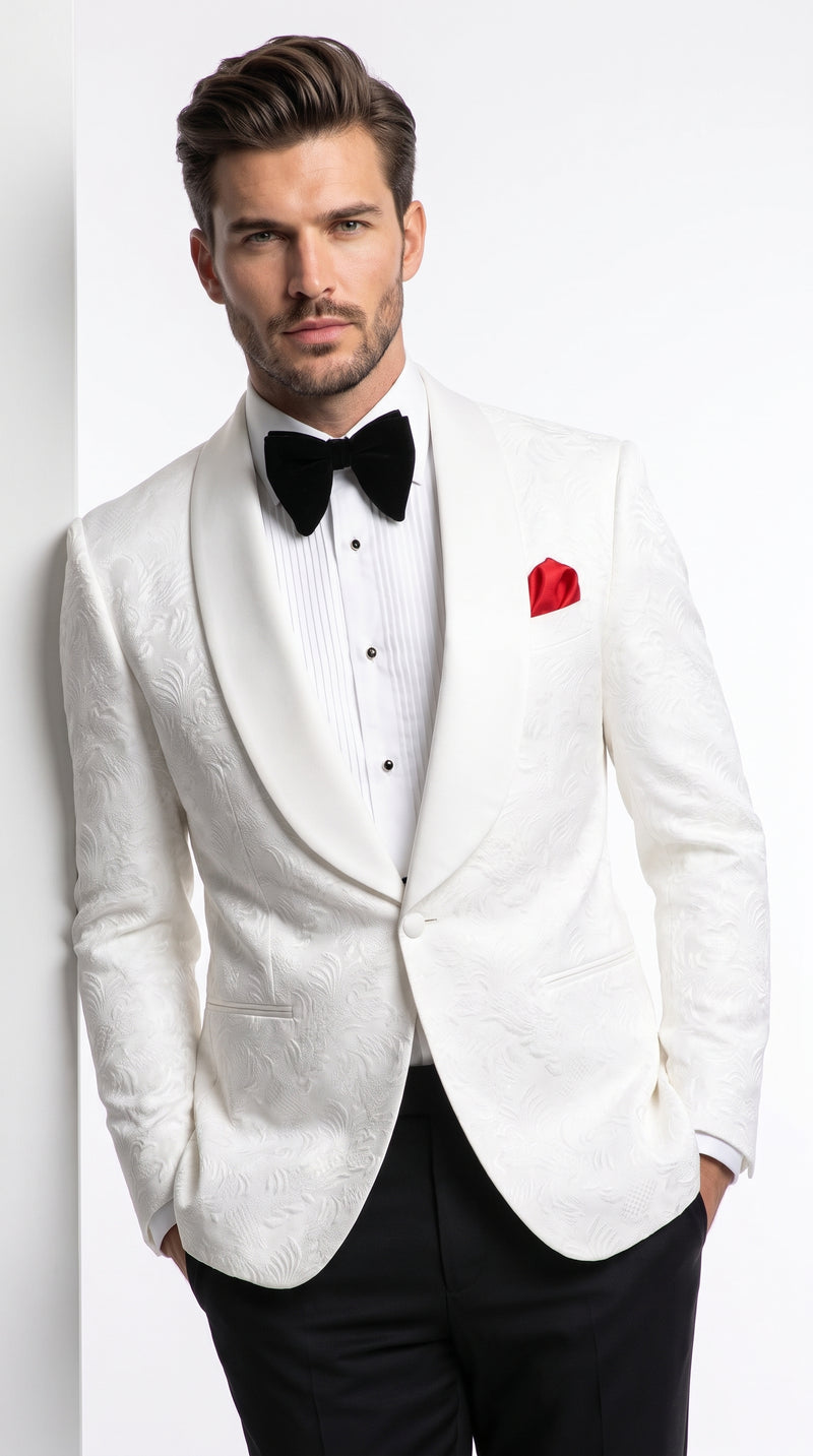 Men’s White Floral Tuxedo Jacket – Shawl Lapel Wedding & Prom Dinner Jacket
