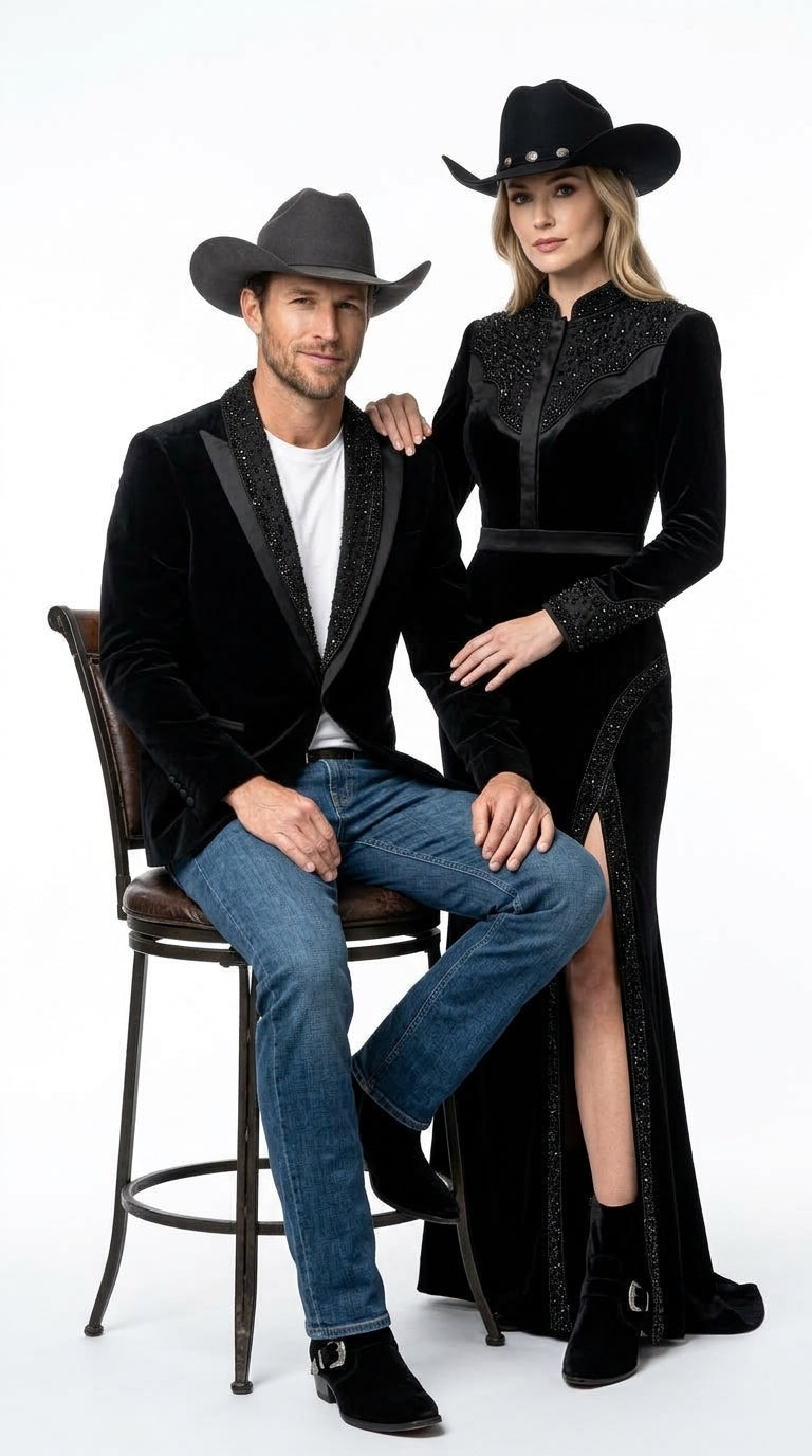 Men’s Black Velvet Western Blazer – Rhinestone Formal Cowboy Sport Jacket Removable Rhinestone Glitter Lapel