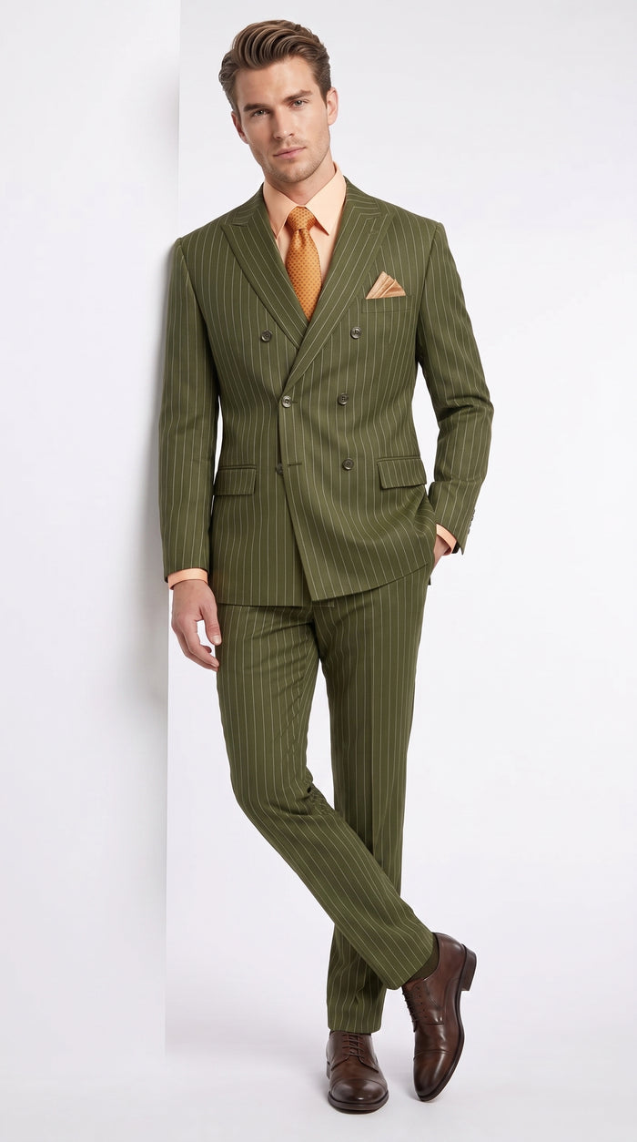 Men’s Olive Green Pinstripe Double-Breasted Suit – Classic Wedding, Business and Formal Suit
