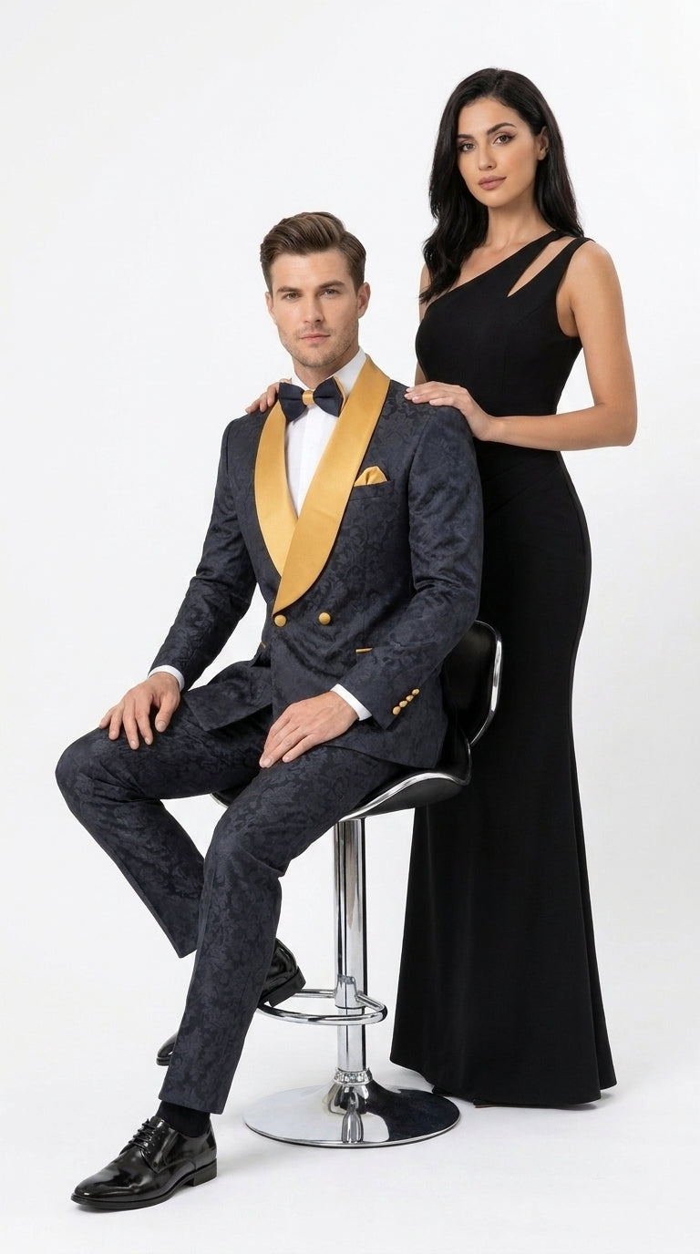 Men’s Black and Gold Hollywood Tuxedo – Double-Breasted Shawl Lapel Prom, Wedding and Formal Suit