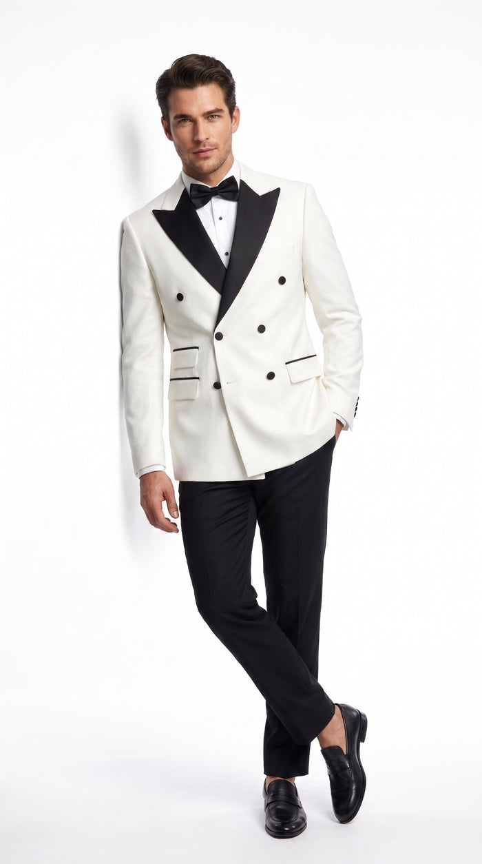 Men’s Vintage Hollywood Ivory Double-Breasted Tuxedo – Black Peak Lapel Wedding and Formal Suit