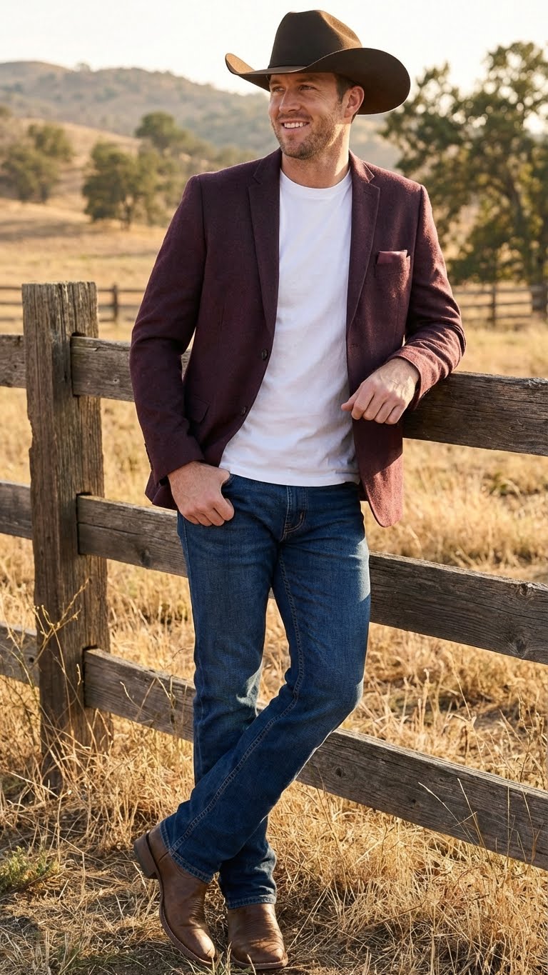 Mens Burgundy Western  Blazer Jacket, Textured Cowboy Style Sport Coat for  - Tweed Herringbone Maroon Color
