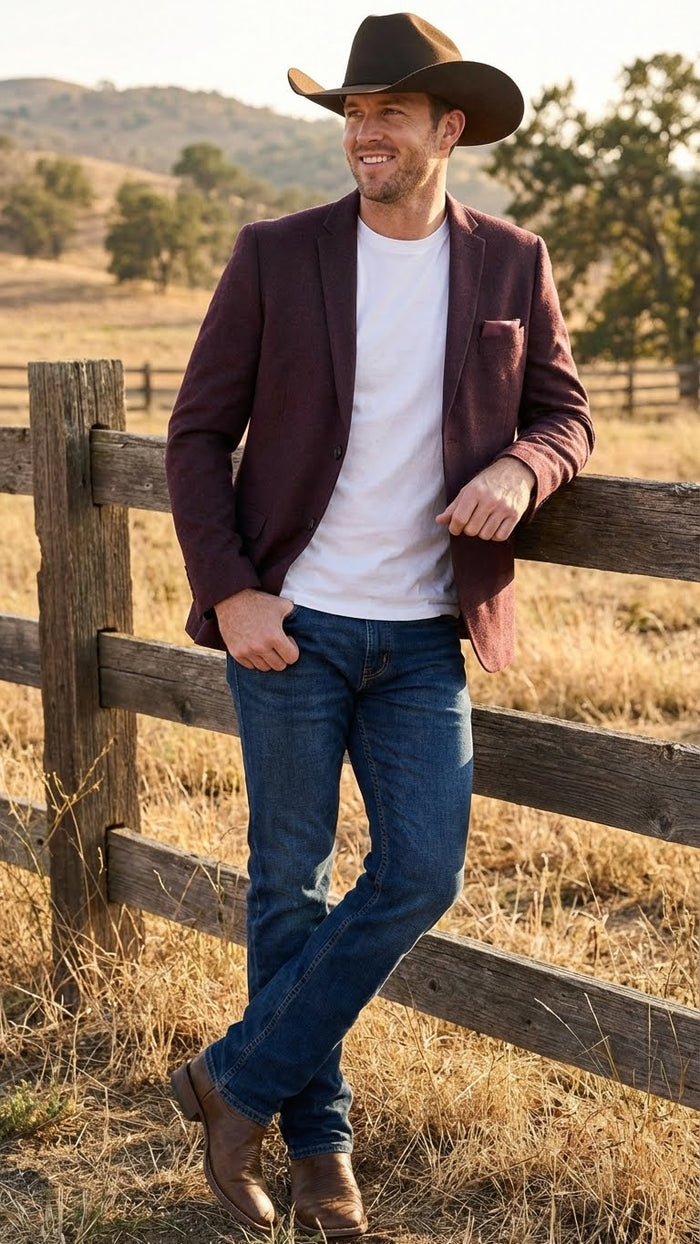 Mens Burgundy Western  Blazer Jacket, Textured Cowboy Style Sport Coat for  - Tweed Herringbone Maroon Color