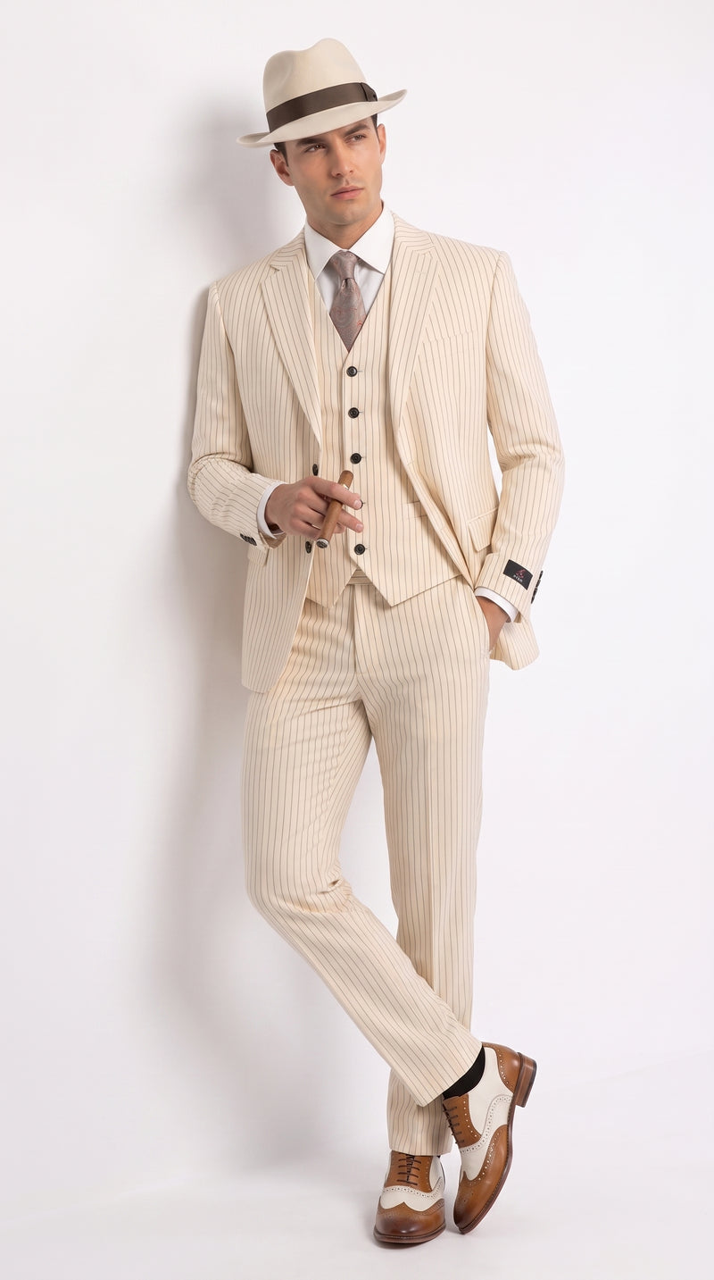 Men’s Ivory Cream Pinstripe 3-Piece Suit – 1920s Gangster Gatsby Wedding and Formal Suit