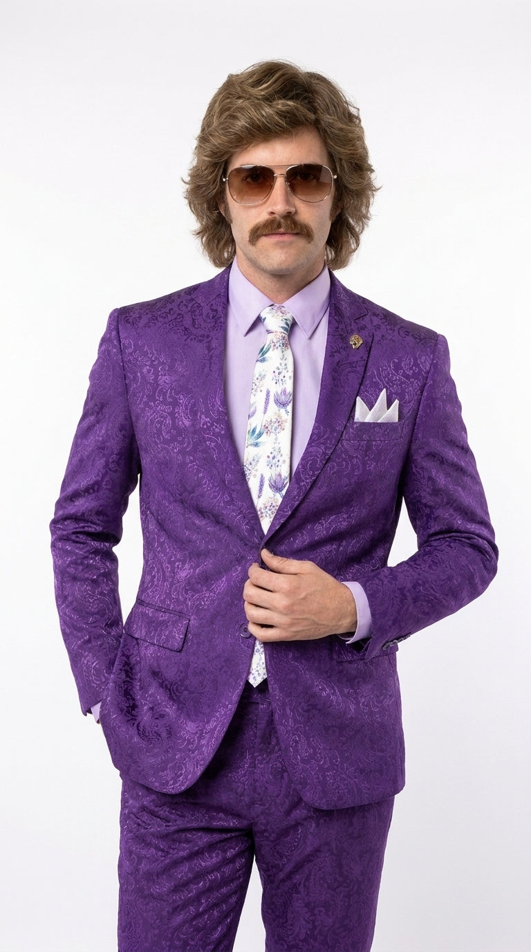 Men’s Purple Paisley 2-Piece Suit – 1970s Disco, Retro Rockabilly, Prom and Party Suit