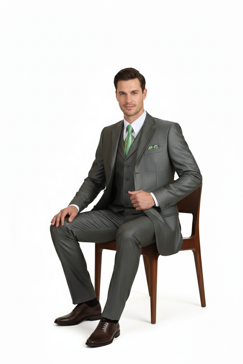 Olive green three-piece men's suit: classic fit, vest, tie, pleated pants. Three-button design, tailored look.
