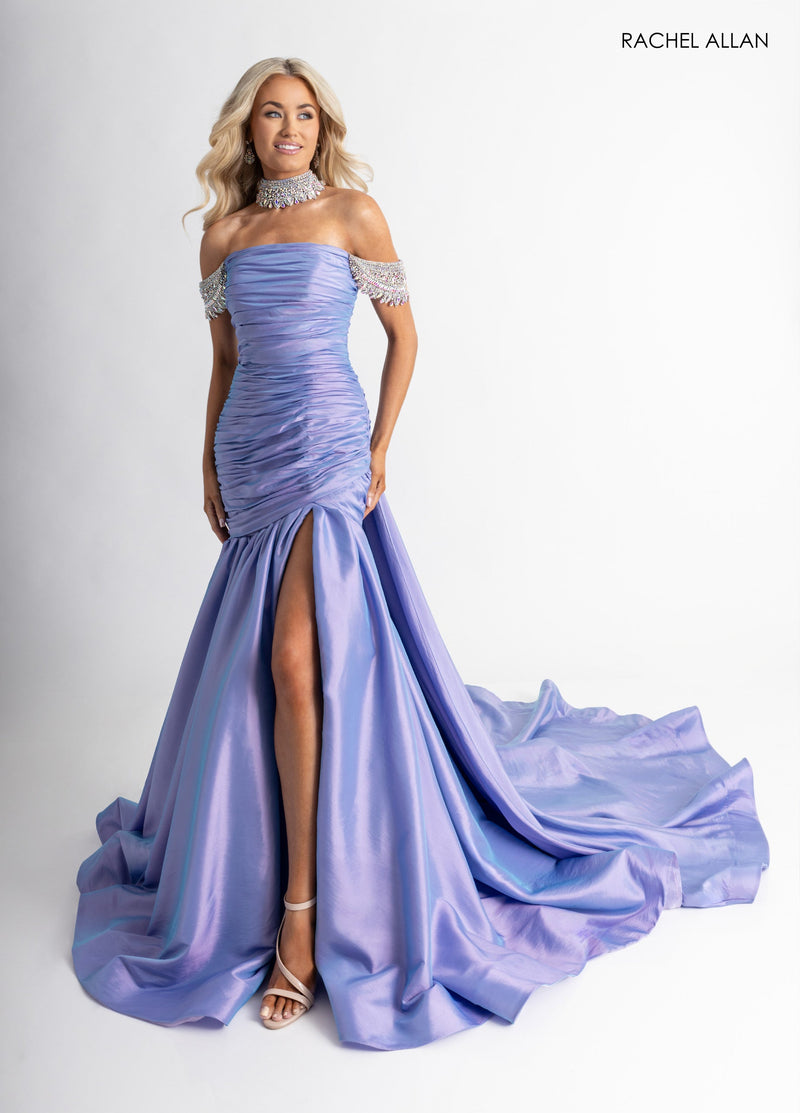 Taffeta Off Shoulder Slit Gown by Rachel Allan 50396