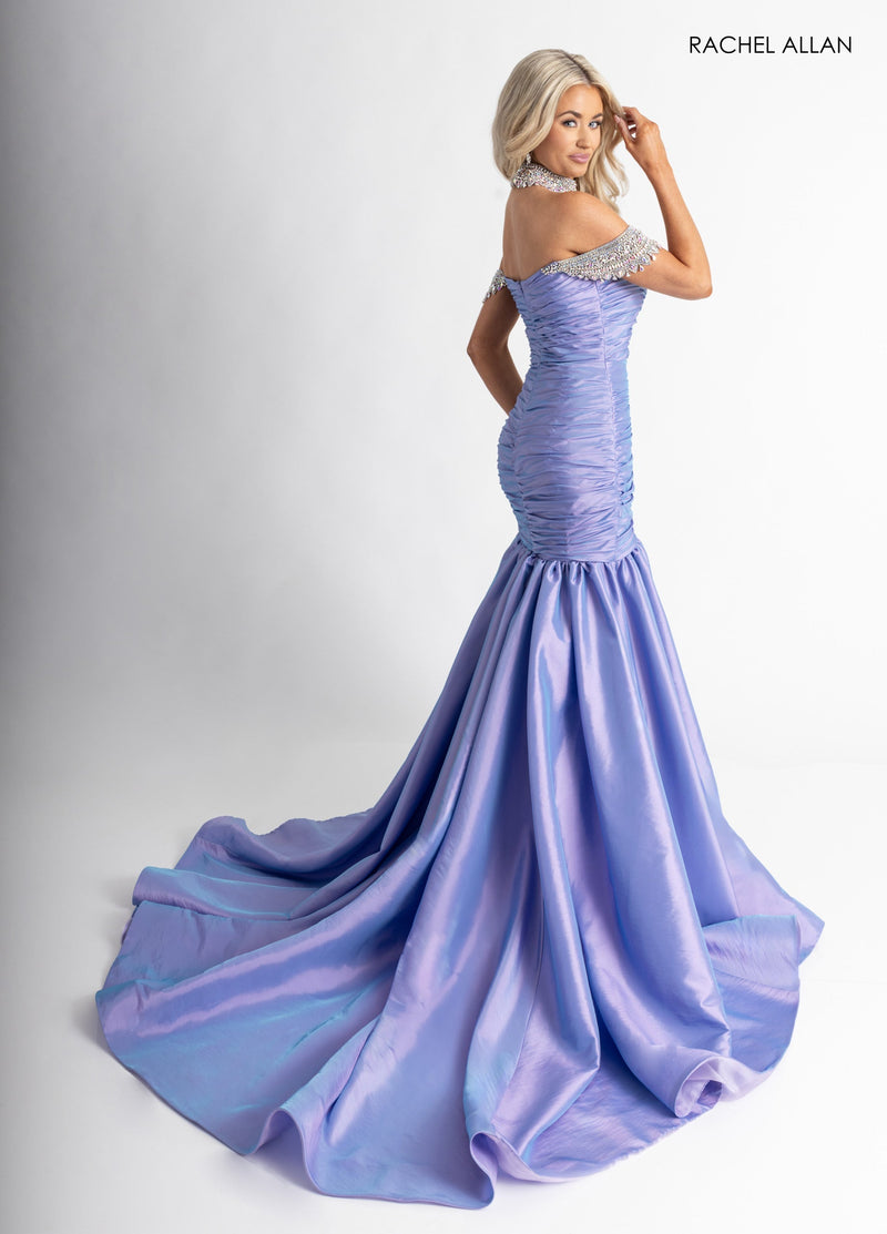 Taffeta Off Shoulder Slit Gown by Rachel Allan 50396