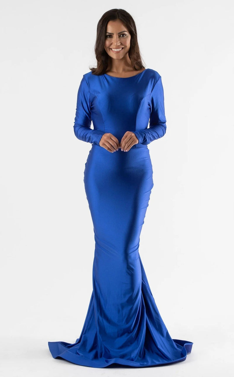 Jessica Angel JA509 Long Sleeve Fitted Backless Ruched Train Jersey Dress