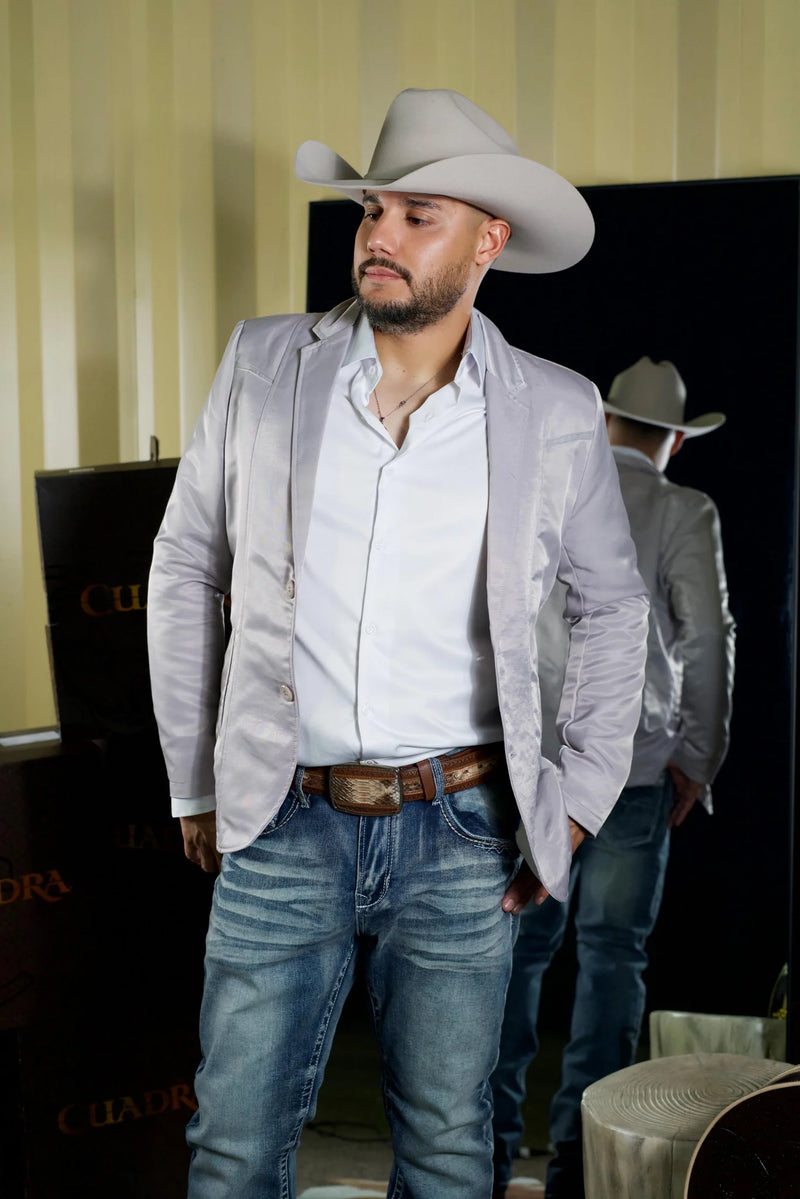 Men's Western Silver Blazer Slim Fit Shiny Finish Sport Coat for Weddings, Prom & Formal Events