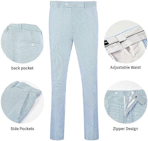 Mens Seersucker Pants - Summer Casual Pinstripe Modern Fit in Color Blue