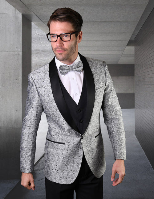 Silver men's tuxedo with textured lace jacket, black satin shawl collar, matching vest and trousers. Fitted silhouette for a formal, cohesive look.
