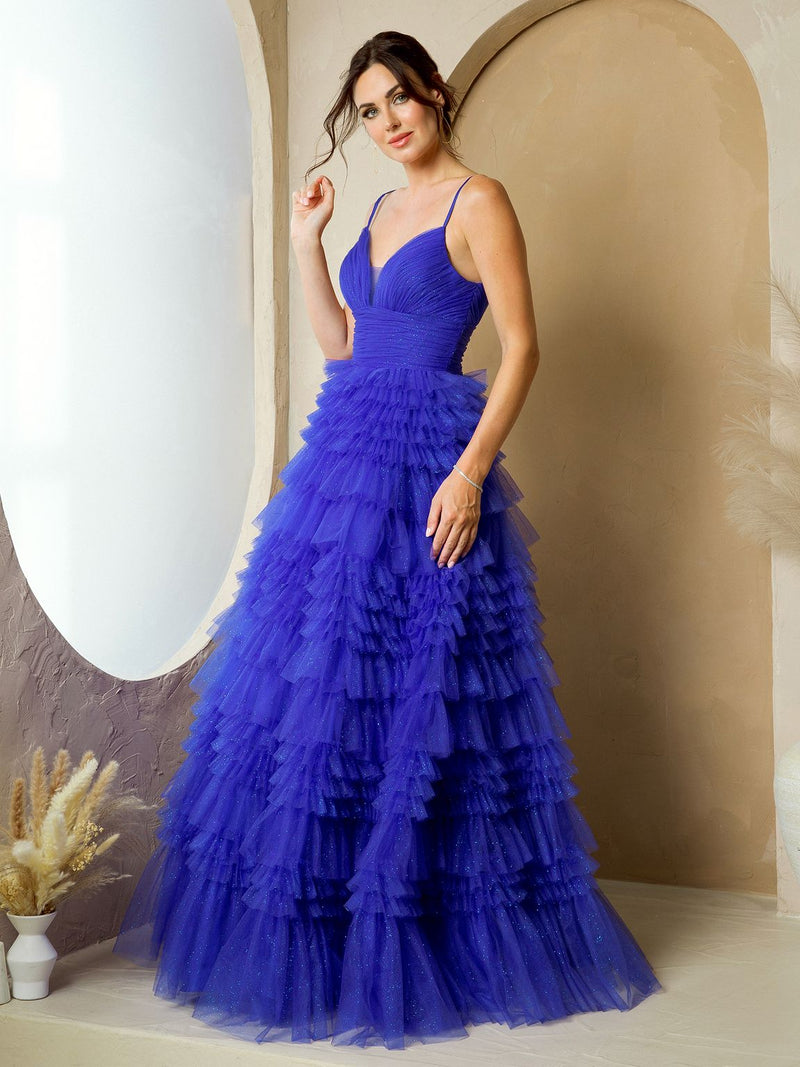 Eva USA EV5272 Glitter-Accented Structured Bodice Long Ball Dress