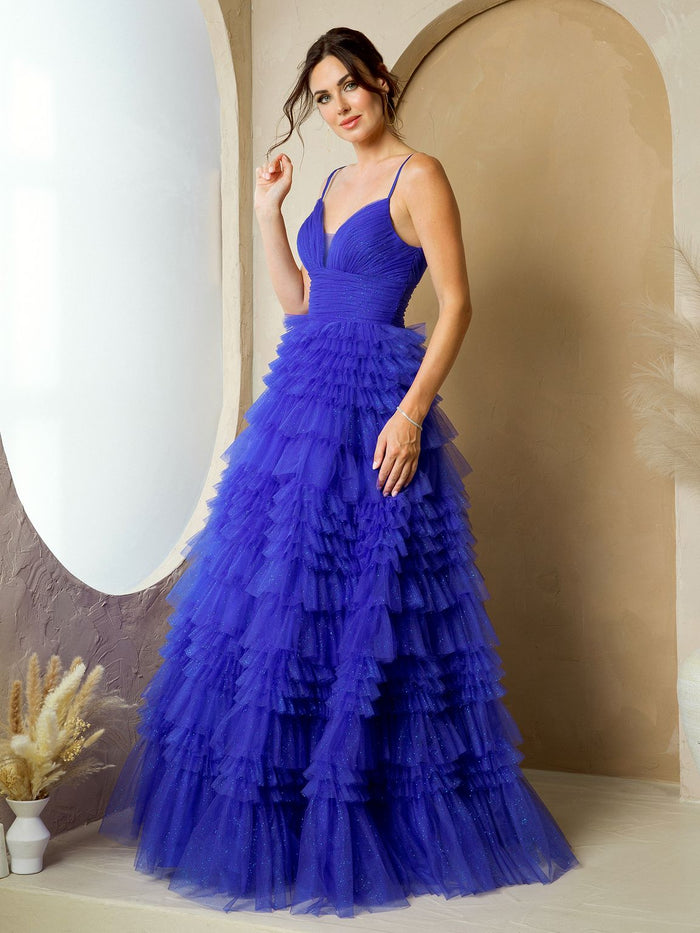 Eva USA EV5272 Glitter-Accented Structured Bodice Long Ball Dress