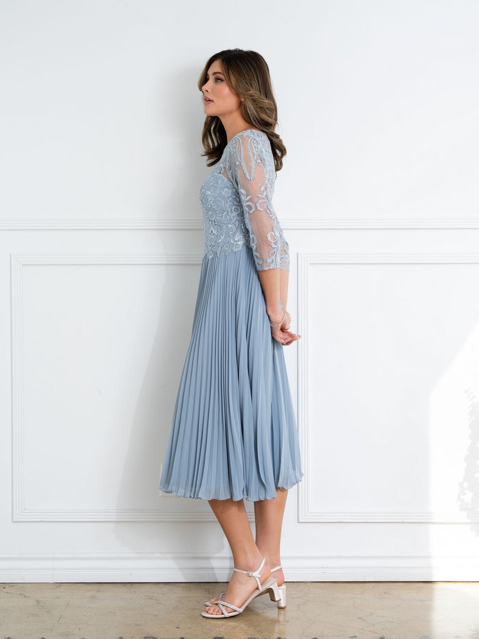 Eva USA EV5285 Short Pleated Lace Midi Dress with Sheer Sleeves