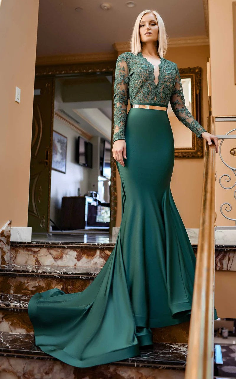 Jessica Angel JA534 Long Sleeve Fitted Cutout Train Evening Jersey Lace Dress