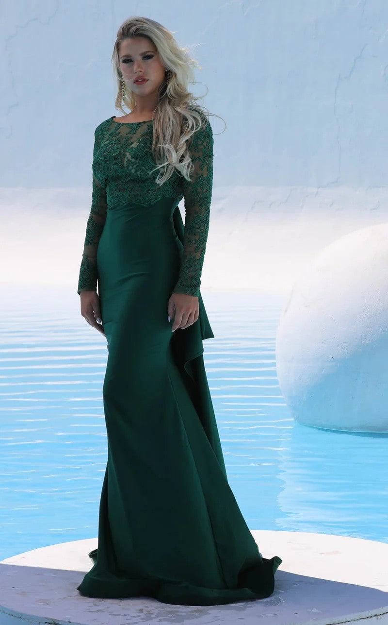 Jessica Angel JA544 Illusion Long Sleeve Fitted Train Lace Jersey Dress