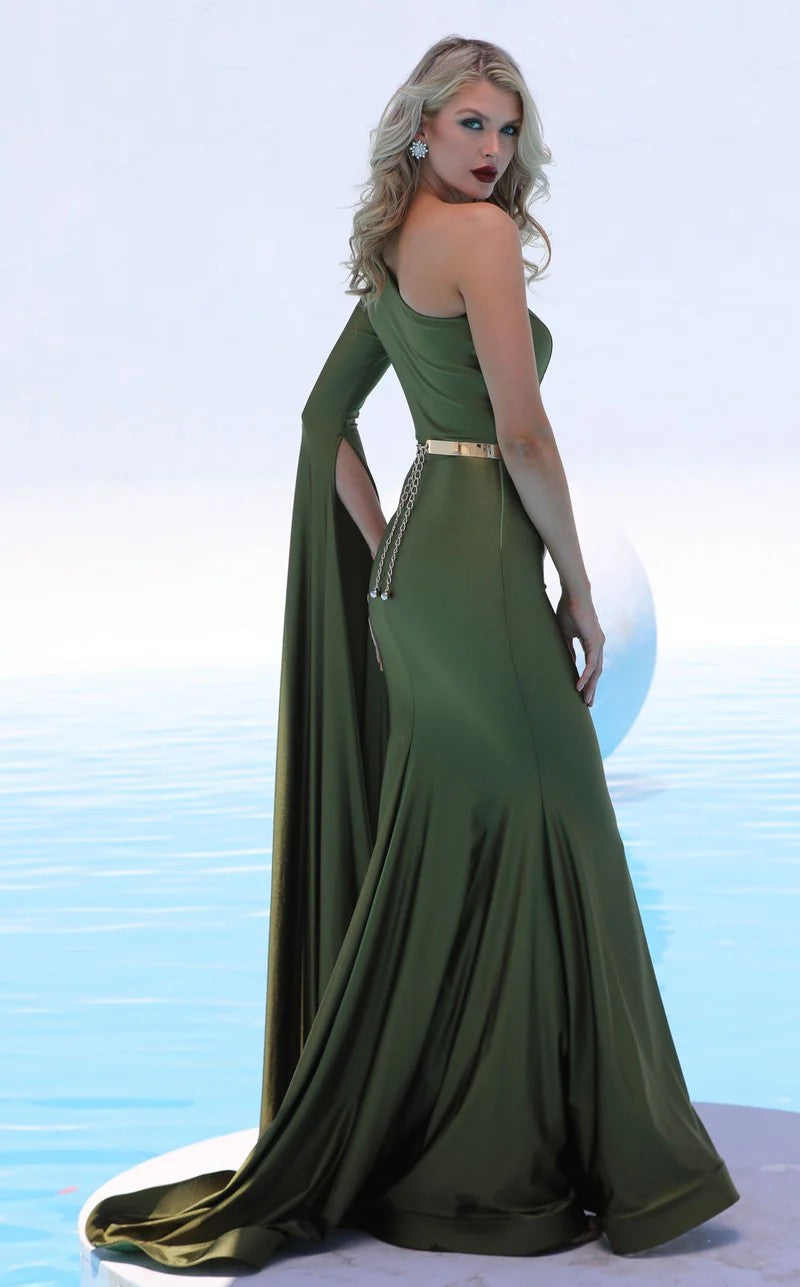 Jessica Angel JA552 One-Shoulder Fit-and-Flare Court Train Jersey Dress