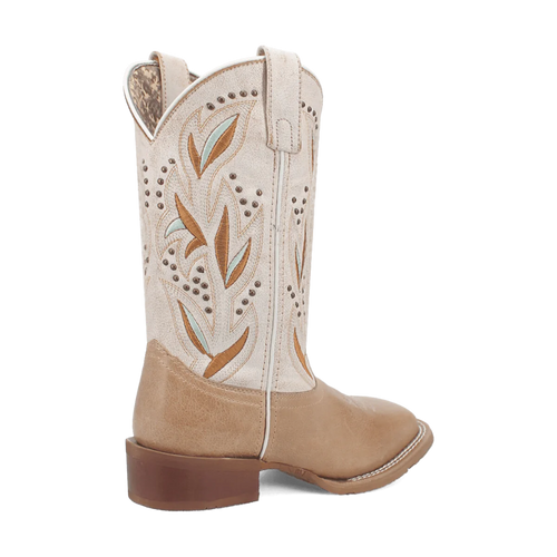 Laredo Women's Lydia Boot: Tall, cream shaft with brown & blue floral design. Pointed toe, stacked heel, brown base. Perforated upper with stitch detail; smooth leather lower section.
