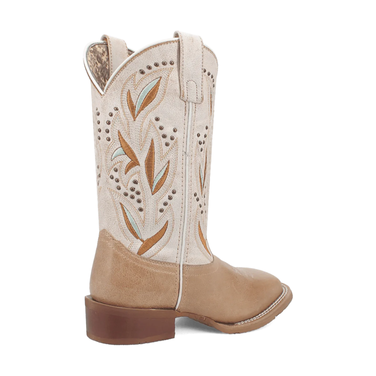 Laredo Women's Lydia Boot: Tall, cream shaft with brown & blue floral design. Pointed toe, stacked heel, brown base. Perforated upper with stitch detail; smooth leather lower section.
