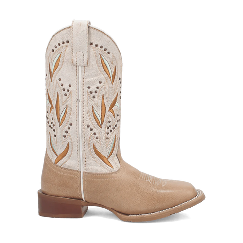 Knee-high Laredo Lydia boot with pointed toe & stacked heel. Cream upper with gold/teal floral embroidery. Tan smooth lower section. Single pull tab.
