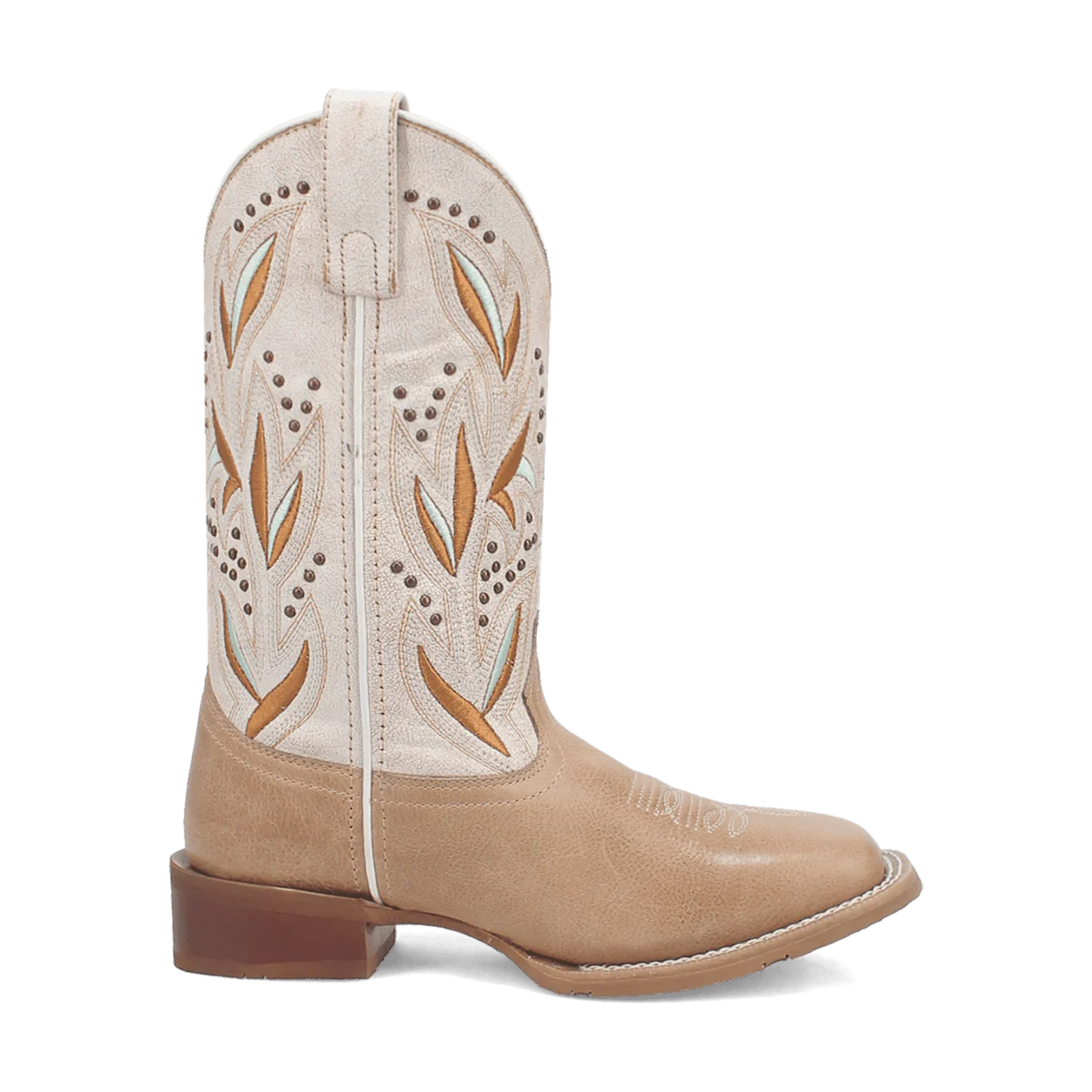 Knee-high Laredo Lydia boot with pointed toe & stacked heel. Cream upper with gold/teal floral embroidery. Tan smooth lower section. Single pull tab.
