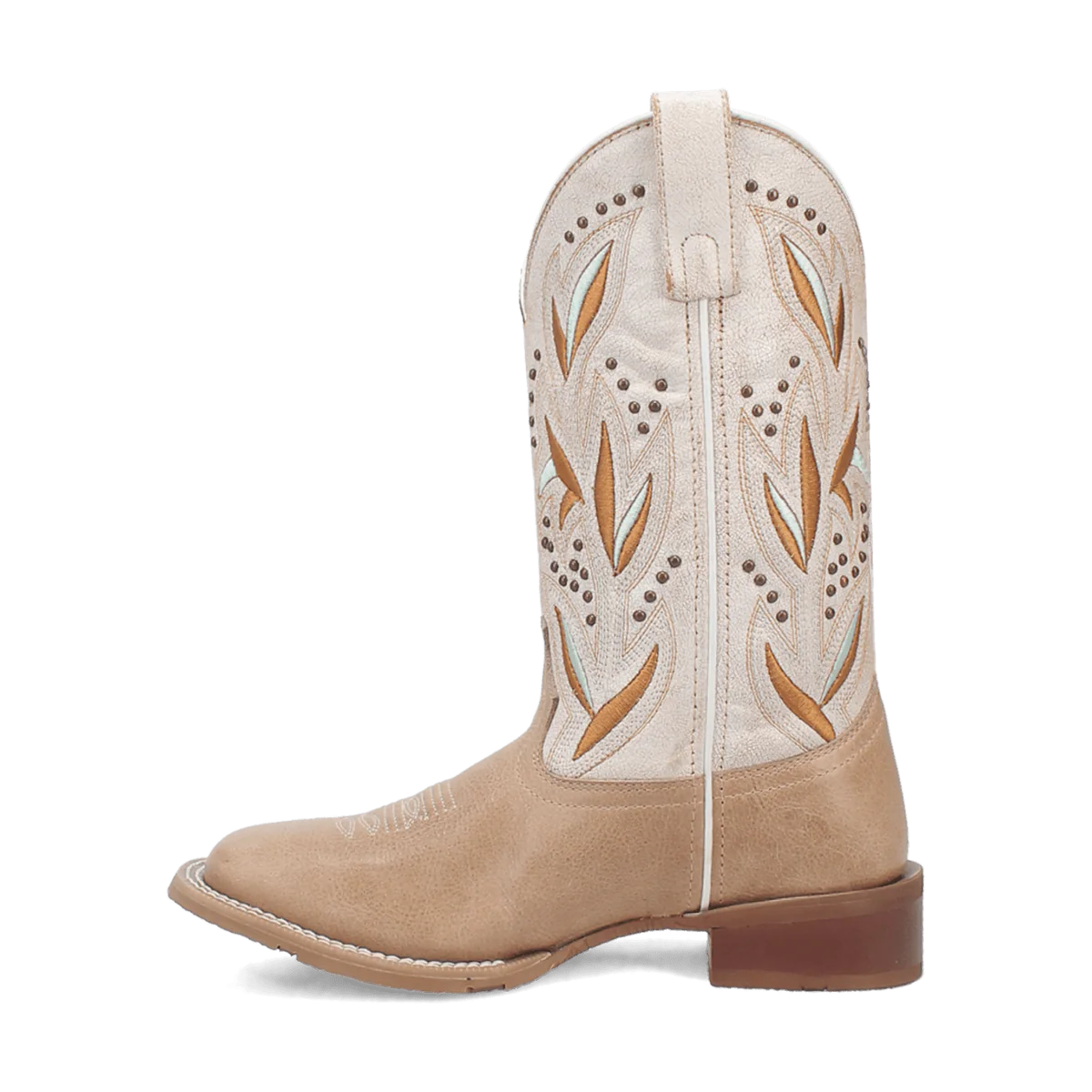 Laredo Women's Lydia Boot: Mid-calf, rounded toe. Light brown leather with a decorative light-colored upper. Floral design (brown/blue) with metal studs. Stacked heel and pull tab.
