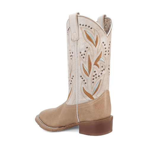Laredo Lydia women's boot. Tall, light beige shaft with brown & light blue floral embroidery. Rounded toe, slight heel. Suede-like texture, visible stitching.
