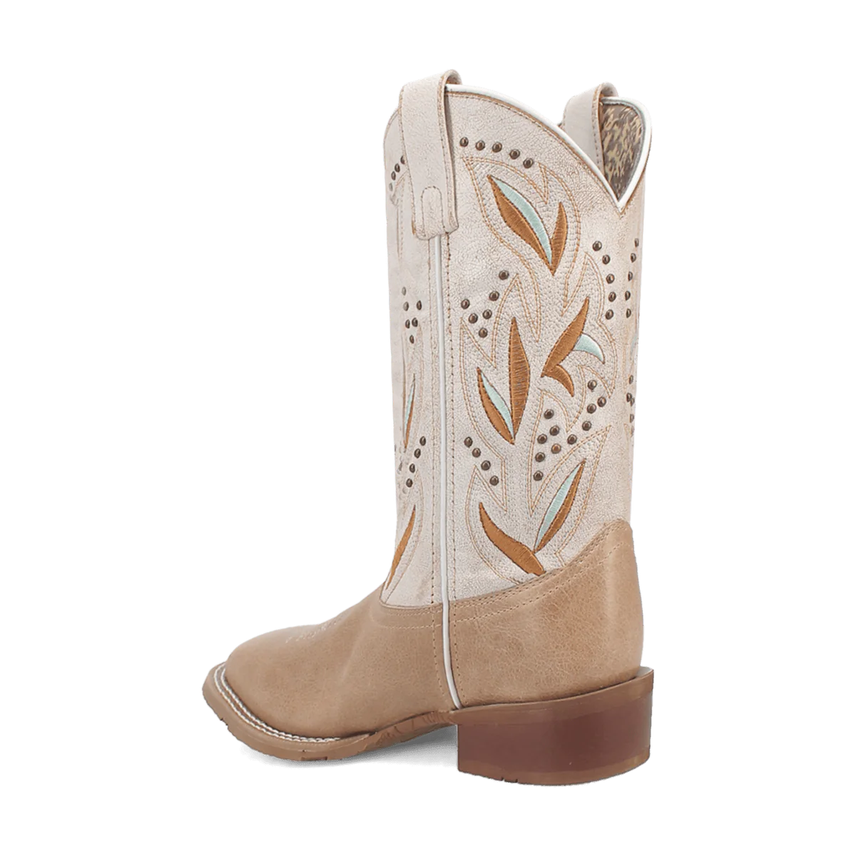 Laredo Lydia women's boot. Tall, light beige shaft with brown & light blue floral embroidery. Rounded toe, slight heel. Suede-like texture, visible stitching.
