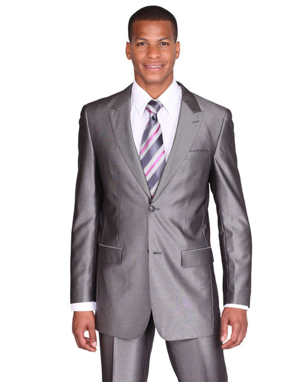 Flashy Suits Mens 2 Button Peak Lapel Shiny Sharkskin Suit in Grey